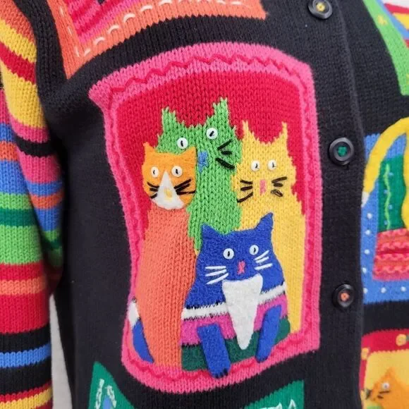 Susan Bristol Colorful Cat Pattern Women's Sweater Cardigan Y2K Patchwork - Picture 4 of 14